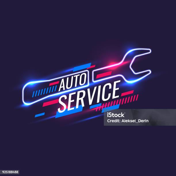 Neon Style Auto Service Poster Vector Illustration Stock Illustration - Download Image Now