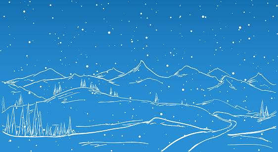 Vector illustration: Hand drawn Winter Mountains sketch landscape with road, pine and snowflake. Line design