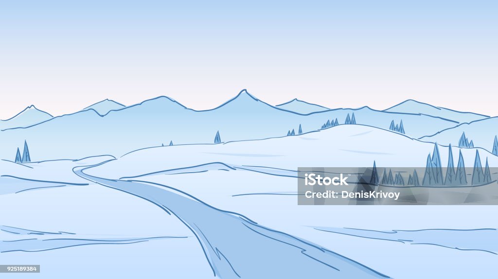 Hand drawn Winter Mountains landscape with road, pines and hills. Line design. Vector illustration: Hand drawn Winter Mountains landscape with road, pines and hills. Line design. Winter stock vector