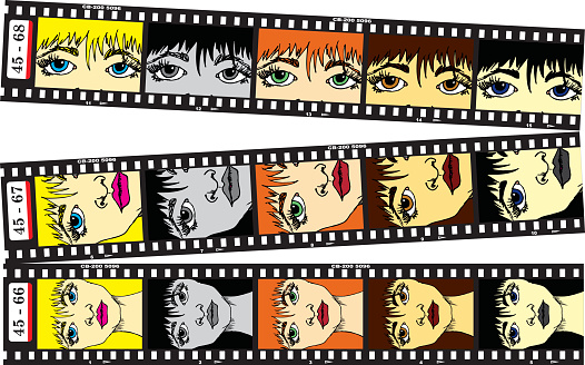 Film strip layout with various shots of a female face.