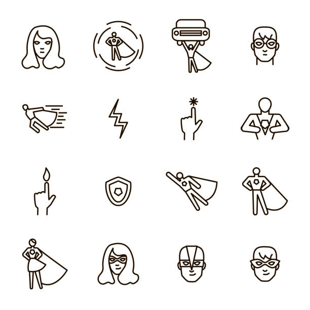 stockillustraties, clipart, cartoons en iconen met super hero zwarte dunne lijn icon set. vector - helden