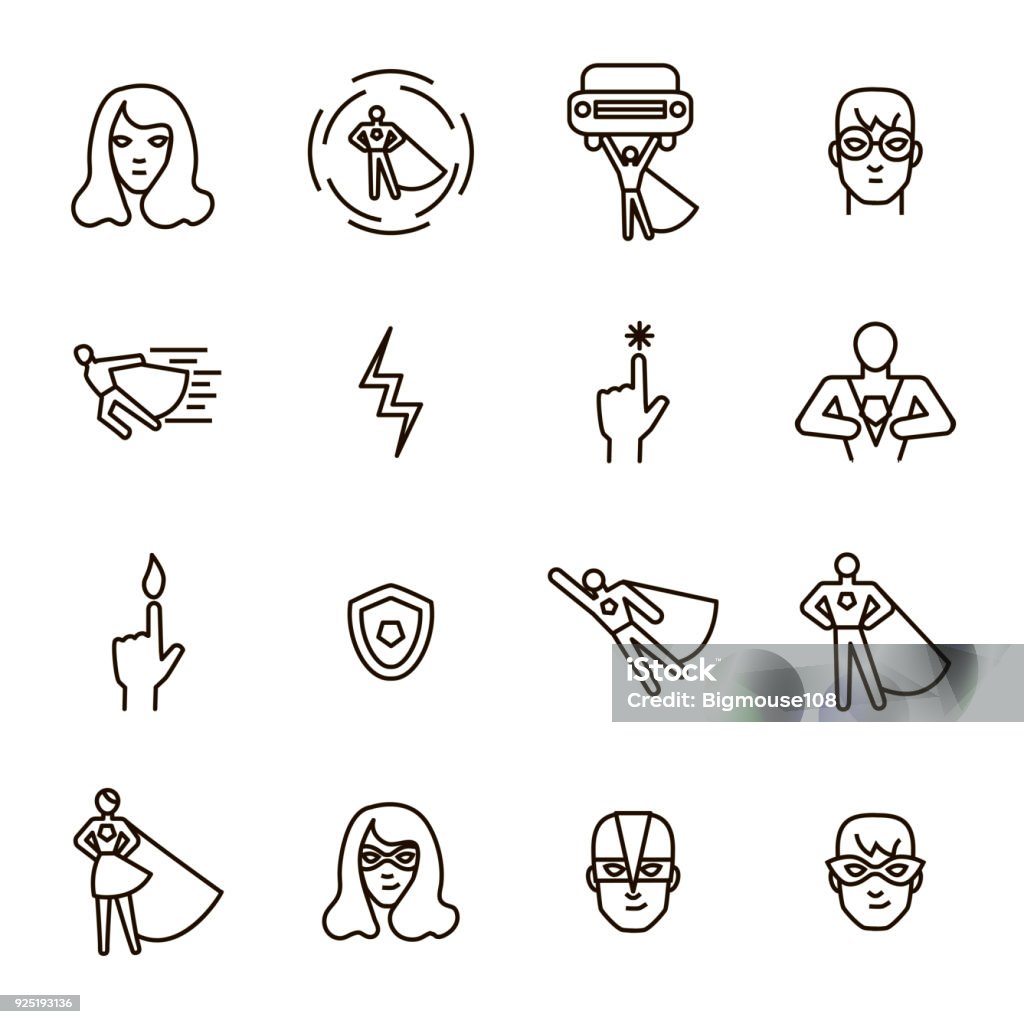 Super Hero Black Thin Line Icon Set. Vector Super Hero Black Thin Line Icon Set Include of Power, Costume, Mask and Heroic Person. Vector illustration of Superhero Icon Symbol stock vector