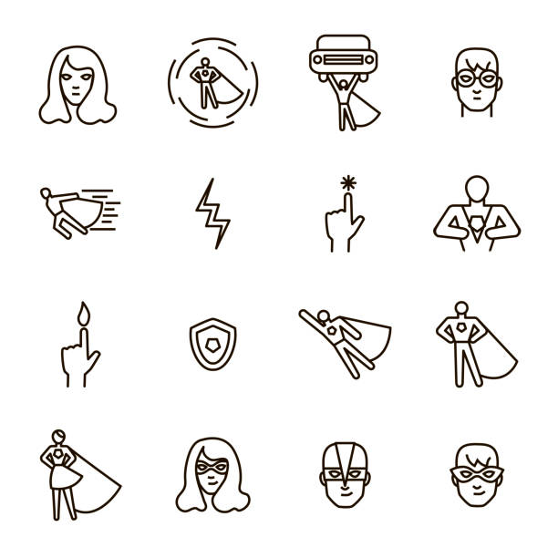 Super Hero Black Thin Line Icon Set. Vector Super Hero Black Thin Line Icon Set Include of Power, Costume, Mask and Heroic Person. Vector illustration of Superhero fearless stock illustrations