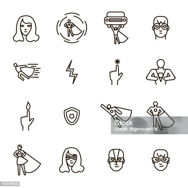 Super Hero Black Thin Line Icon Set Vector Stock Illustration - Download Image Now - Icon Symbol, Superhero, Heroes