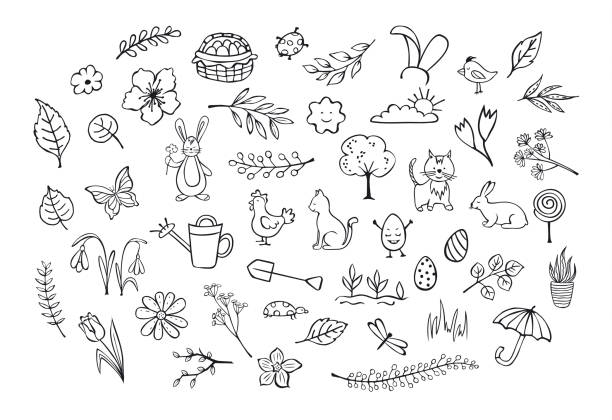 ilustrações de stock, clip art, desenhos animados e ícones de springtime easter outlined hand drawn simple childlike doodles set - decoration eggs leaf easter