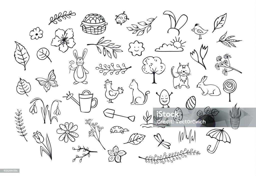 springtime easter outlined hand drawn simple childlike doodles set Easter stock vector