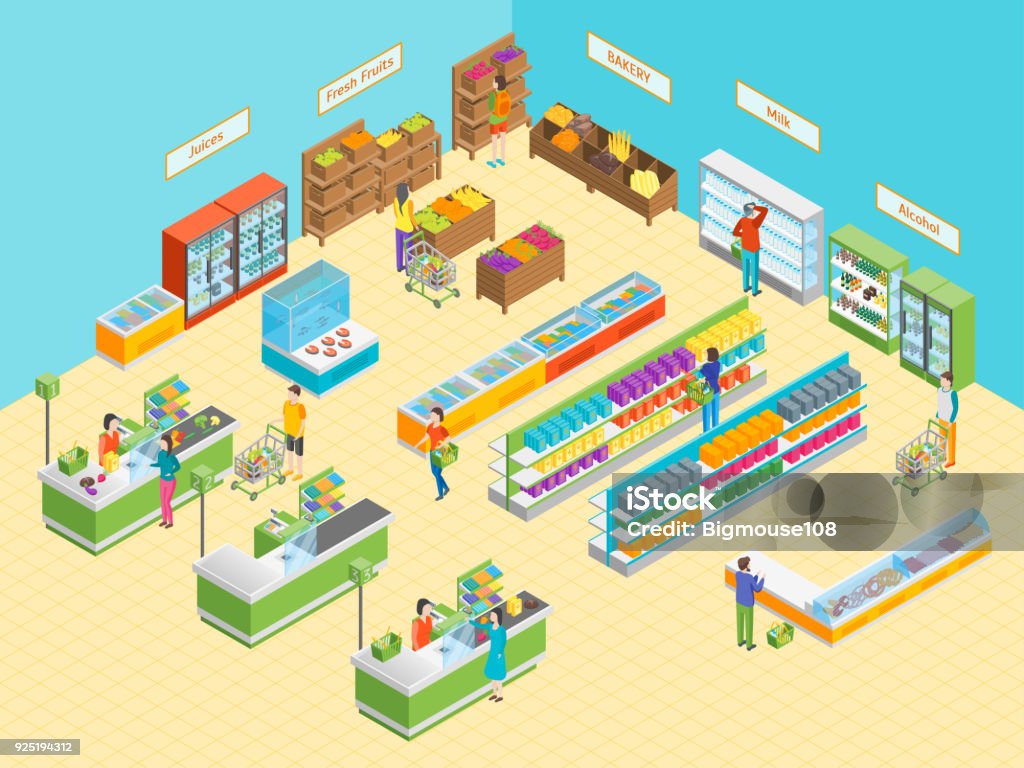Supermarkt oder Shop-Interieur mit Möbel isometrischen Ansicht. Vektor - Lizenzfrei Supermarkt Vektorgrafik