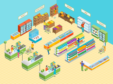 Supermarket or Shop Interior with Furniture Isometric View. Vector illustration of Grocery Market or Mall with Showcase and People