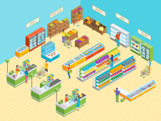 Supermarket or Shop Interior with Furniture Isometric View. Vector Supermarket or Shop Interior with Furniture Isometric View. Vector illustration of Grocery Market or Mall with Showcase and People supermarket drawings stock illustrations