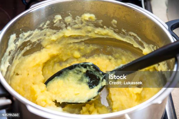 Mashed Potatoes In A Big Pot Stock Photo - Download Image Now - Basil, Bowl, Butter