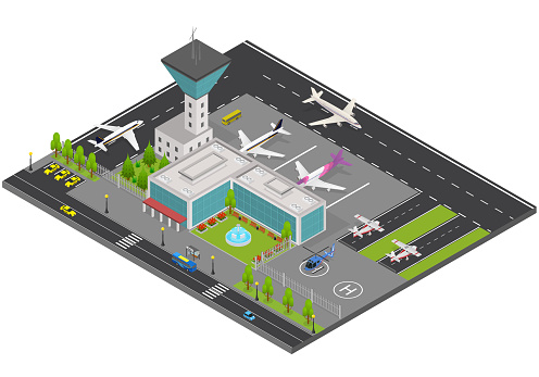 Airport Concept 3d Isometric View on a White Background Element Map. Vector illustration of Building, Airplane and Runway