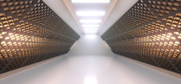 istock White Corridor With Grid Mesh Walls And Lights 925194976