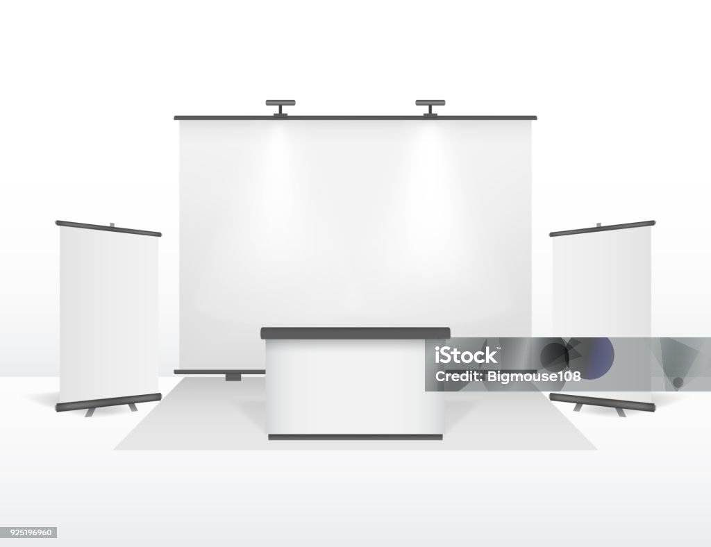 Реалистичные Подробные 3d Выставка Стенд Дизайн набор. вектор - Векторная графика Кабинка в кафе роялти-фри