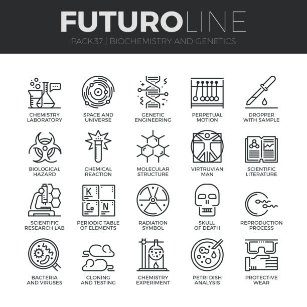 Biochemistry and Genetics Futuro Line Icons Set Modern thin line icons set of biochemistry research, biology laboratory experiment. Premium quality outline symbol collection. Simple mono linear pictogram pack. Stroke vector symbol concept for web graphics. laboratory bacterium petri dish cell stock illustrations