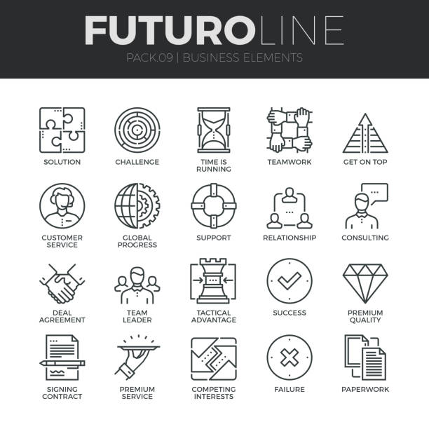 Business Elements Futuro Line Icons Set Modern thin line icons set of doing business elements, solution for clients. Premium quality outline symbol collection. Simple mono linear pictogram pack. Stroke vector symbol concept for web graphics. challenge icons stock illustrations