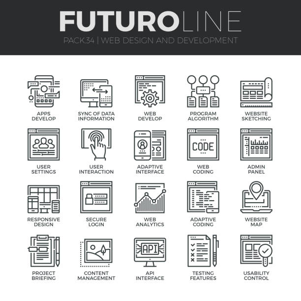 Zestaw ikon linii Futuro web Development – artystyczna grafika wektorowa