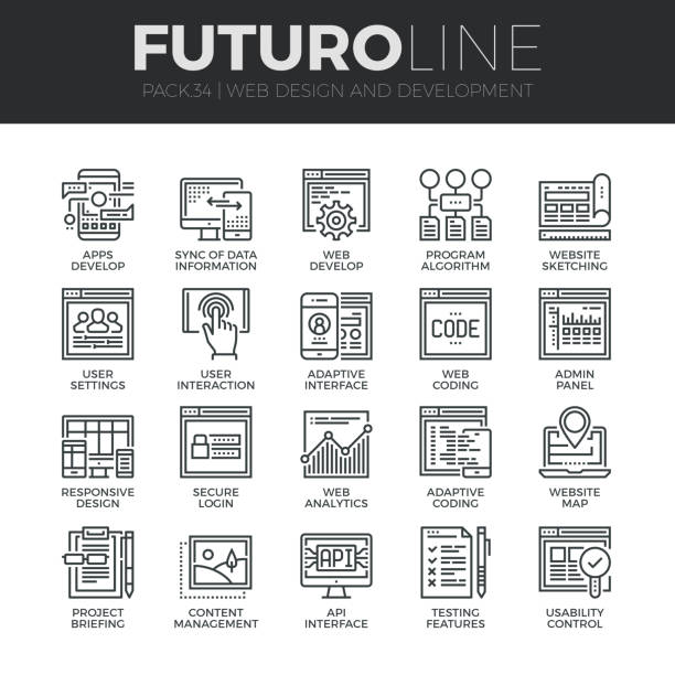 Web Development Futuro Line Icons Set Modern thin line icons set of adaptive website customization, web develop process. Premium quality outline symbol collection. Simple mono linear pictogram pack. Stroke vector symbol concept for web graphics. customized data stock illustrations