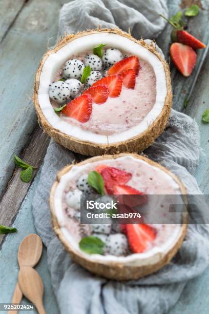 Smoothie Strawberry Bowls And Dragon Fruit Stock Photo - Download Image Now - Banana, Breakfast, Chia seed