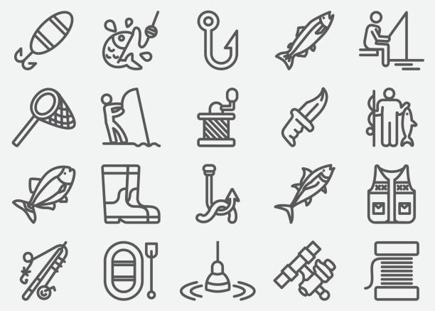 ikony żyłek - połów sprzęt stock illustrations