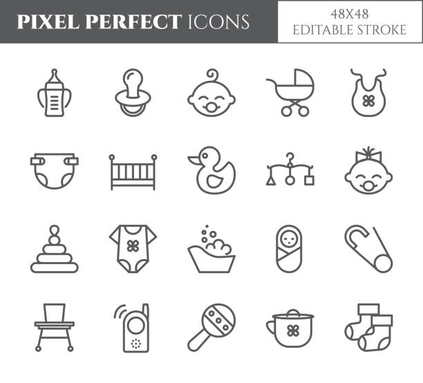 Baby theme pixel perfect 48X48 icons. Baby theme pixel perfect 48X48 icons. Pictograms of baby, pram, crib, mobile, toys, rattle, bottle, diaper and other newborn related elements. Line out symbols. Simple silhouette. Editable stroke baby bib stock illustrations