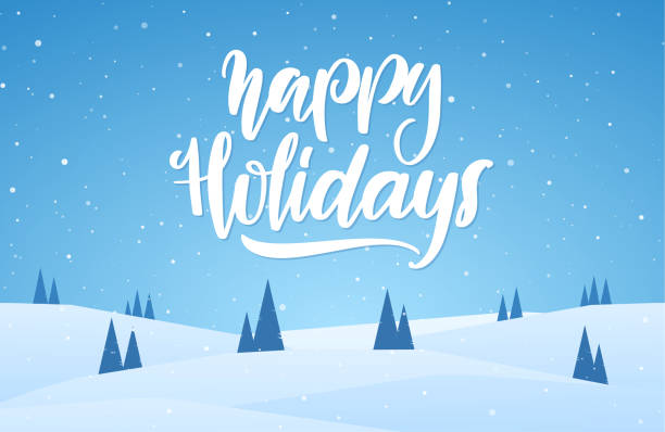 ilustrações de stock, clip art, desenhos animados e ícones de vector handwritten lettering of happy holidays on winter snowy hills background - xmas modern trees night