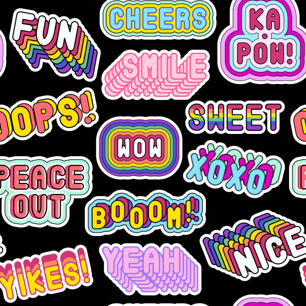 ilustrações, clipart, desenhos animados e ícones de padrão sem emenda com patches, adesivos, crachás, pinos com as palavras "bom", "cheers", "xoxo", "paz", "uau", "sim". - speech bubble retro revival old fashioned thank you