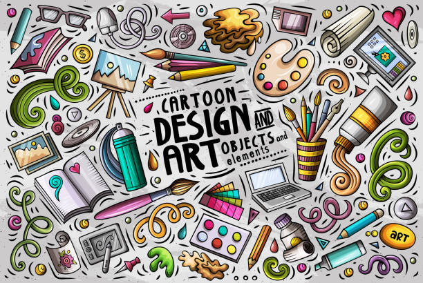 Vector set of design theme items Colorful vector hand drawn doodle cartoon set of design theme items, objects and symbols pencil cartoon stock illustrations