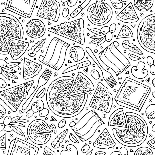 Cartoon cute hand drawn Italian food seamless pattern. Cartoon cute hand drawn Italian food seamless pattern. Line art with lots of objects background. Endless funny vector illustration. pizza designs stock illustrations