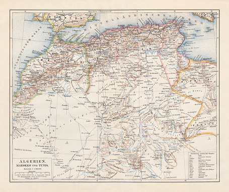 Topographic map of Algeria, Morocco and Tunisia with the borders at the end of the 19th century. Lithograph, published in 1897.