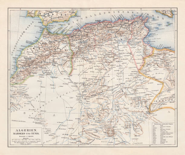 North Africa: Algeria, Morocco and Tunisia, lithograph, published in 1897 Topographic map of Algeria, Morocco and Tunisia with the borders at the end of the 19th century. Lithograph, published in 1897. libya map stock illustrations