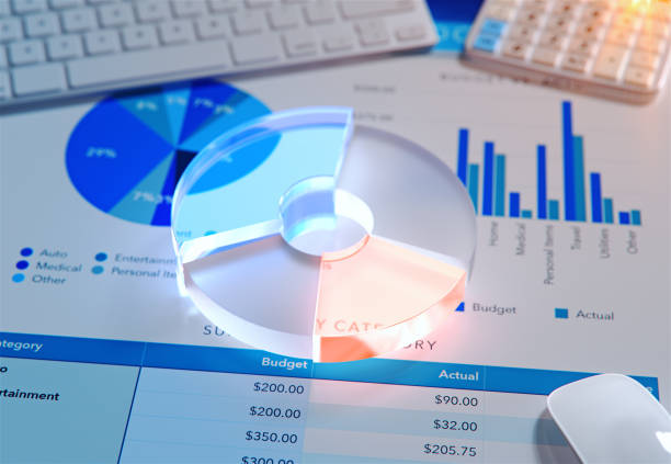 istock Top view of office desk with data chart and pie chart ,3d rendering. 925236050