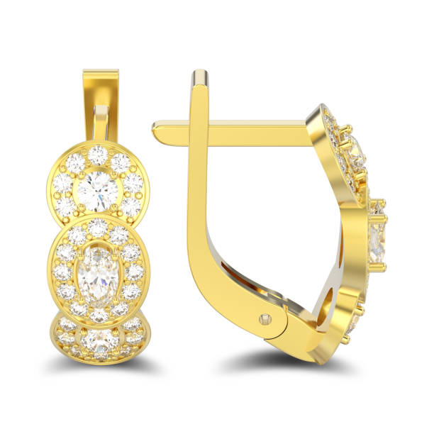 istock 3D illustration isolated yellow gold three stone solitaire diamond earrings with hinged lock with shadow 925236936