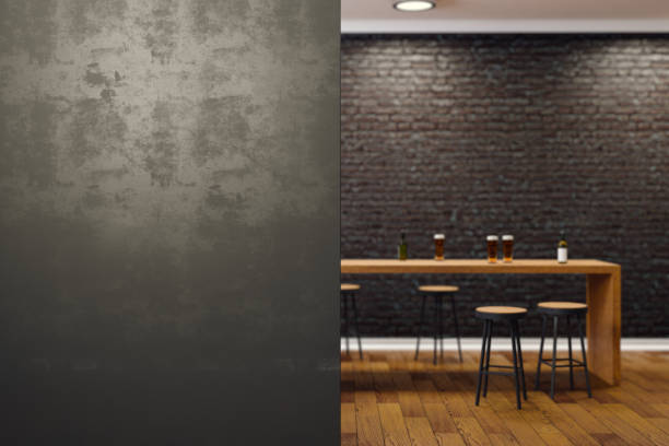 Contemporary black bar interior Contemporary black brick pub or bar interior with copy space on wall. Mock up, 3D Rendering brick cafe stock pictures, royalty-free photos & images