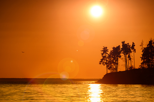 Beautiful sunset on a sea coast with lens flare