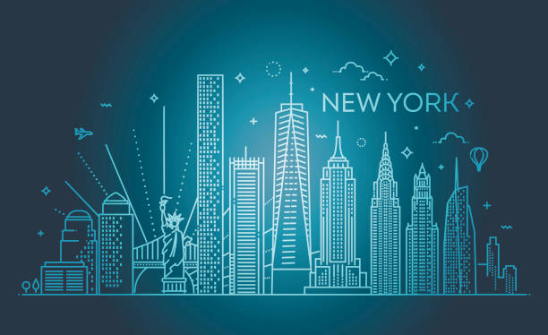 ilustraciones, imágenes clip art, dibujos animados e iconos de stock de skyline de la ciudad de nueva york, ilustración vectorial, diseño de plano - new york city skyline bridge brooklyn