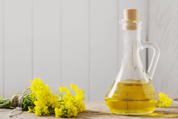 istock rapeseed oil (canola) and rape flowers on wooden table 925258994