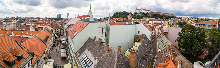 Bratıslava: Panoramic cityscape view of old town of Bratislava from historical clock tower, St. Micheal Gate which is the only city gate preserved from medieval time.
