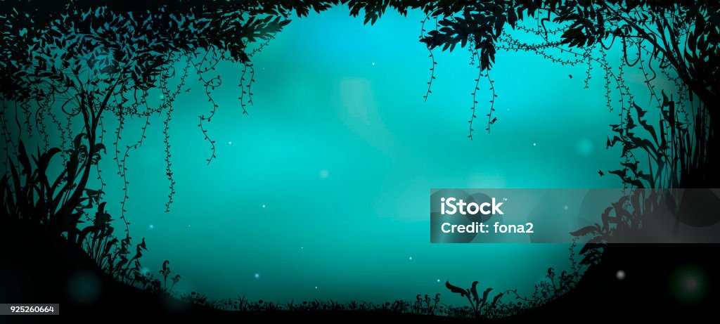 deep fairy forest silhouette at night, fireflies in the summer forest, deep fairy forest silhouette at night, fireflies in the summer forest, vector Forest stock vector