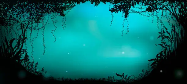Vector illustration of deep fairy forest silhouette at night, fireflies in the summer forest,