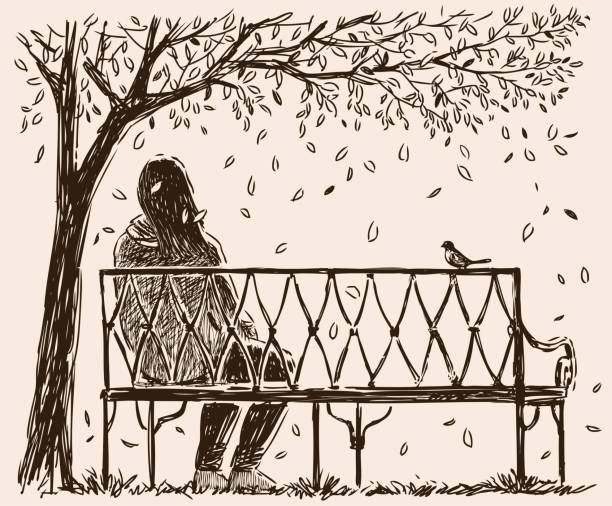 ilustrações de stock, clip art, desenhos animados e ícones de a lonely girl sits o a bench in an autumn park - bench park park bench silhouette