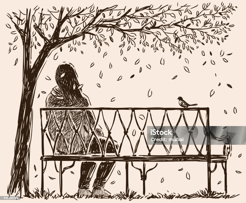 A lonely girl sits o a bench in an autumn park Vector image of a young woman resting in a city park. Loneliness stock vector