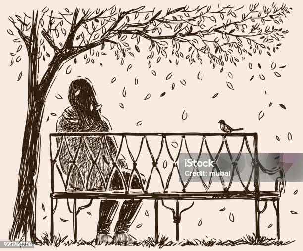 A Lonely Girl Sits O A Bench In An Autumn Park Stock Illustration - Download Image Now - Loneliness, Bench, Tree