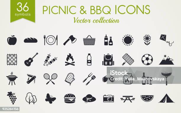 Ilustración de Iconos De Vector De Picnic Y Barbacoa y más Vectores Libres de Derechos de Ícono - Ícono, Picnic, Parrillera