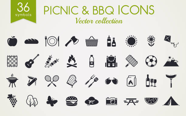 illustrations, cliparts, dessins animés et icônes de pique-nique et barbecue icônes vectorielles. - pique nique