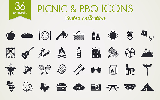 Picnic and barbecue web icons. Set of black symbols for a summer outdoor recreation theme. Vector collection of silhouette elements isolated on white background.