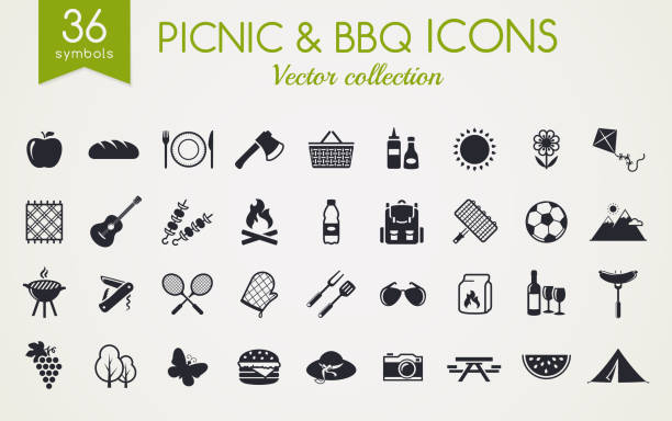 Picnic and barbecue vector icons. Picnic and barbecue web icons. Set of black symbols for a summer outdoor recreation theme. Vector collection of silhouette elements isolated on white background. camping symbols stock illustrations