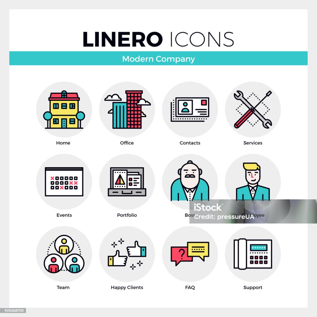 Modern Company Linero Icons Set Line icons set of business company services, office team. Modern color flat design linear pictogram collection. Outline vector concept of mono stroke symbol pack. Premium quality web graphics material. Building Exterior stock vector