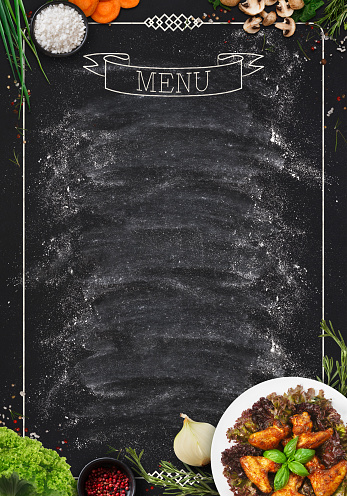 Design concept for restaurant meat and grill menu mockup. Black rustic chalkboard with white inscription and frame, top view, copy space for text and logo