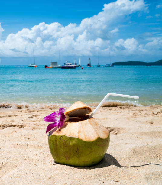 istock coconut drink on the sand ocean beach island, blue cloud sky is nice day, copy space. 925271932