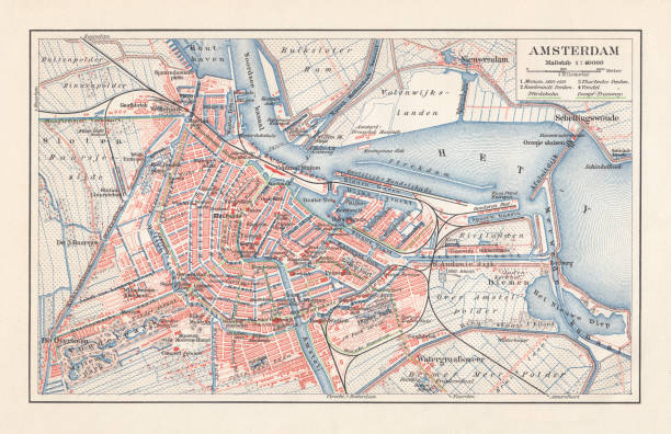 アムステルダム、オランダ、リトグラフ、1897 年に公開の市内地図 - amstel river illustrations点のイラスト素材／クリップアート素材／マンガ素材／アイコン素材